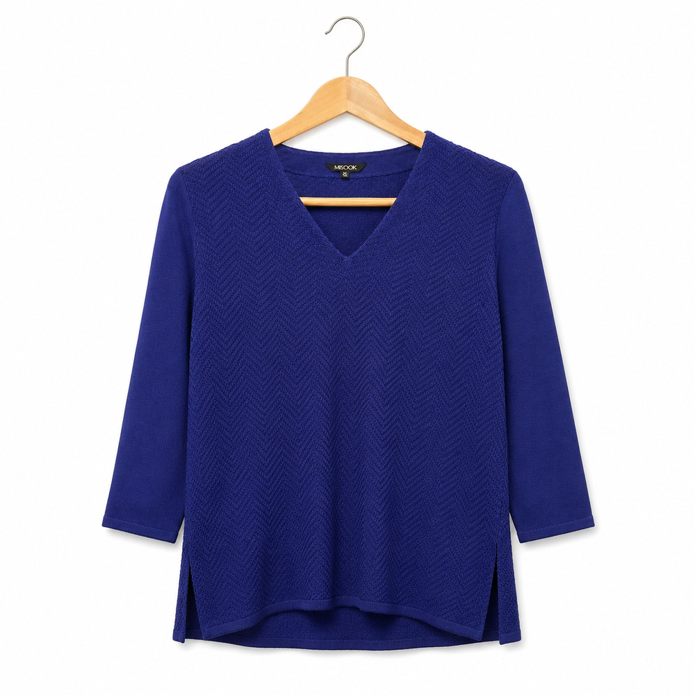 Misook Tunic Sweater Womens PS Blue V-Neck Tencel Wool Blend Textured Classic